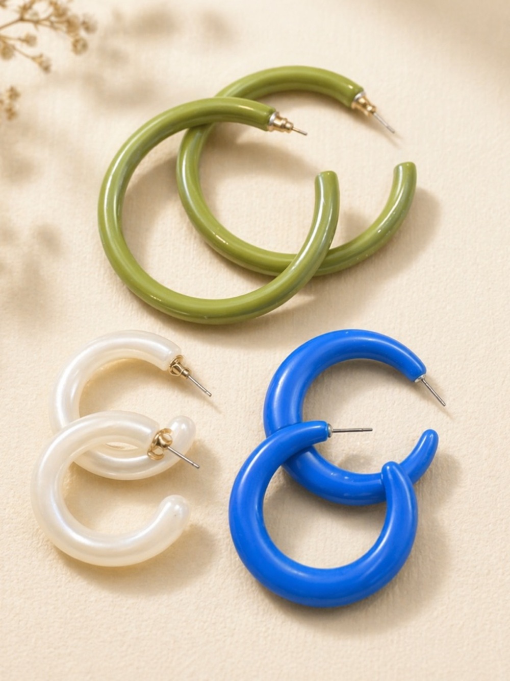 Vintage Lot of 3 C Hoop Faux Pearl Blue Green Small Medium Large Hoop Earrings